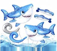 6Pcs Shark Birthday Party Balloons/Under the Sea Ocean Theme Decor for Beach Summer Pool Party Decorations, 30in Cute Shark, Mini Sardine, Blue & Silver Wave Balloons
