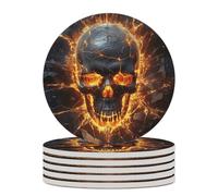 6PCS Shattering of Skull Coasters Non-Slip Round Drink Coasters with Ceramic Stone and Cork Base, Heat Resistant Absorbent 33.00Stone Coaster Set for Kinds of Mugs and Cups, 4 Inch