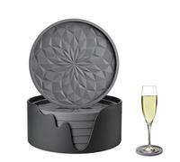 6Pcs Silicone Coasters with Holder, 3.9in Round Cup MatHeat Absorbent Drink Coasters Set Non-Slip Non-stick Resistant Place Mats Washable for Cups Tabletop Protection Table Decor Gray