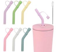 6pcs Silicone Straws Tips with Covers Cap, Reusable Elbow Rubber Extender Tips for Metal Straws with Retractable Cleaning Brush Outer Diameter 8-9mm Compatible with Stanley Bottles