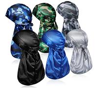 6pcs Silky Durag with Long Tail and Wide Straps Colorful 360 Waves Doo Rags Durag Du Rag Cap for Men and Women Hip Hop Rapper (Camouflage, Solid)