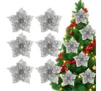 6pcs Silver Poinsettia Christmas Tree Flowers, Silver Glitter Artificial Pointsettia Flowers, Tree Flower with Clips for Christmas Ornaments, Xmas Garland Wreath New Year In Door Decorations