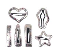 6pcs Silver Polka Dot Duckbill Hair Clips Heart Star Cloud | PU and Metal Build, Secure Grip for Stray Hairs, School Photos and Playtime