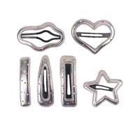 6pcs Silver Polka Dot Heart Star Cloud Snap Hair Clips | Metal and PU Construction, Cute Cartoon Styling, Gentle Strong Hold for Stray Hairs, Parties and Family Gatherings