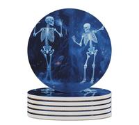 6PCS Skeleton on Display Coasters Non-Slip Round Drink Coasters with Ceramic Stone and Cork Base, Heat Resistant Absorbent 33.00Stone Coaster Set for Kinds of Mugs and Cups, 4 Inch