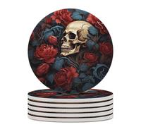 6PCS Skull Image Poster Coasters Non-Slip Round Drink Coasters with Ceramic Stone and Cork Base, Heat Resistant Absorbent 33.00Stone Coaster Set for Kinds of Mugs and Cups, 4 Inch