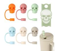 6pcs Skull Straw Toppers, Spooky Silicone Straw Cover Cap with Nameplate Horror Halloween Straw Tip Lid Fit 10mm Straw for Stanley Cup Accessories 30oz 40oz Tumbler