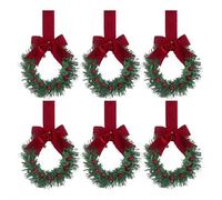 6PCS Small Christmas Wreaths, Christmas Kitchen Cabinet Mini Wreath, Real Touch with Bow Ribbon Decorations for Xmas Front Door Window Chair Fireplace Table Pillar Farmhouse Decor
