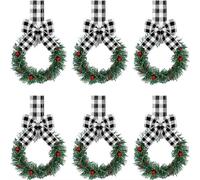 6PCS Small Christmas Wreaths, Christmas Kitchen Cabinet Mini Wreath, Real Touch with Bow Ribbon Decorations for Xmas Front Door Window Chair Fireplace Table Pillar Farmhouse Decor
