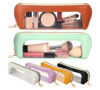 6Pcs Small Clear Makeup Bag, PU Leather Travel Makeup Brush Case Pouch | 19.5cm Waterproof Cosmetic Organiser with Transparent Window & Metal Zip for Lipstick, Toiletries, School Pens