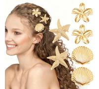 6PCS Small Starfish Shell Flower Gold Claw Clips, Fashionable Metal Seashell Hair Clip, Shell Hair Clip for Women Girls, Strong Hold Decorative Beach Hairs Accessories