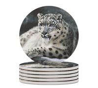 6PCS Snow Leopard Coasters Non-Slip Round Drink Coasters with Ceramic Stone and Cork Base, Heat Resistant Absorbent 33.00Stone Coaster Set for Kinds of Mugs and Cups, 4 Inch