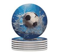 6PCS Soccer Ball Water Coasters Non-Slip Round Drink Coasters with Ceramic Stone and Cork Base, Heat Resistant Absorbent 33.00Stone Coaster Set for Kinds of Mugs and Cups, 4 Inch