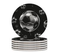 6PCS Soccer Black Coasters Non-Slip Round Drink Coasters with Ceramic Stone and Cork Base, Heat Resistant Absorbent 33.00Stone Coaster Set for Kinds of Mugs and Cups, 4 Inch
