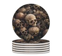 6PCS Some Skull Shapes Coasters Non-Slip Round Drink Coasters with Ceramic Stone and Cork Base, Heat Resistant Absorbent 33.00Stone Coaster Set for Kinds of Mugs and Cups, 4 Inch