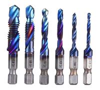 6pcs Spiral Tap Drill Bit Set, Hex Shank Drill and Tap Kit with Blue Plating Coating for Drilling and Tapping Soft Metals Aluminum Iron