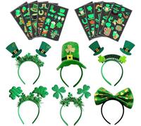 6PCS St Patricks Day Headband 10 Sheets Glow in Dark Temporary Tattoos Set for Kids Green Top Hat Head Boppers Girls Paddys Day Hair Accessories Face Fake Stickers Shamrock Decoration Festival Gifts