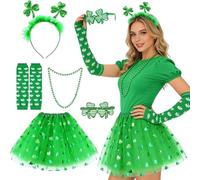 6Pcs St. Patrick's Day Women's Adult Costume Accessories Set: Shamrock Green Tutu Skirt, Headband, Glasses, Necklace, Arm Warmers - Complete Irish Fancy Dress Outfit for Party & Parade Supplies