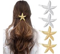 6PCS Starfish Hair Clips, Metal Beach Sea Star Ponytail Holder Headpiece Mermaid Gold Silver Glitter Hair Pins