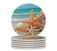 6PCS Starfish Seashell Beach Coasters Non-Slip Round Drink Coasters with Ceramic Stone and Cork Base, Heat Resistant Absorbent 33.00Stone Coaster Set for Kinds of Mugs and Cups, 4 Inch