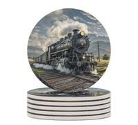 6PCS Steam Locomotive Train Coasters Non-Slip Round Drink Coasters with Ceramic Stone and Cork Base, Heat Resistant Absorbent 33.00Stone Coaster Set for Kinds of Mugs and Cups, 4 Inch