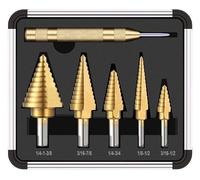 6Pcs Step Drill Bits Set, High Speed Steel Cobalt Cone Drill Bit with Automatic Center Punch, Titanium Coated Cone Cutter for Plastic Wood Metal Aluminum Iron DIY