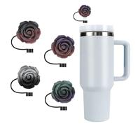 6PCS Straw Covers Cap for Stanley Cup, 10mm Silicone Straw Toppers, Reusable Tumbler Accessories for Women Girls Gifts (Black Rose)