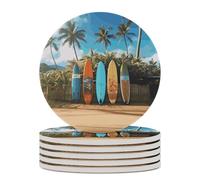 6PCS Surf's Up Surfboard Coasters Non-Slip Round Drink Coasters with Ceramic Stone and Cork Base, Heat Resistant Absorbent 33.00Stone Coaster Set for Kinds of Mugs and Cups, 4 Inch