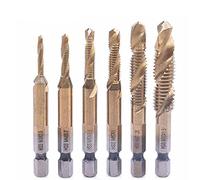6pcs Tap Drill Sets Titanium Plated Hex Shank HSS Screw Thread Metric Tap Drill Bits Machine Compound Hand Tools M3 M4 M5 M6 M8,Gold-C
