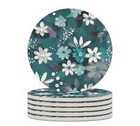 6PCS Teal Grey and White Floral Coasters Non-Slip Round Drink Coasters with Ceramic Stone and Cork Base, Heat Resistant Absorbent 33.00Stone Coaster Set for Kinds of Mugs and Cups, 4 Inch