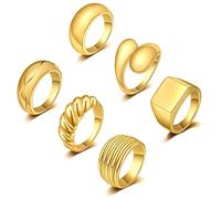 6PCS Thick Dome Chunky Rings for Women 18K Plated Braided Twisted Signet Ring Big Croissant Ring Minimalist Statement Ring Size 5-9