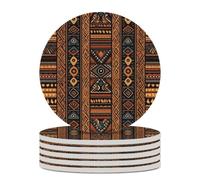 6PCS Traditional African Design Pattern Coasters Non-Slip Round Drink Coasters with Ceramic Stone and Cork Base, Heat Resistant Absorbent 33.00Stone Coaster Set for Kinds of Mugs and Cups, 4 Inch