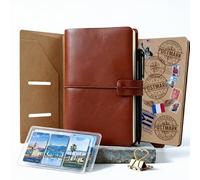 6PCS Traveler's Notebook Standard Size, 8.6x4.9 Inch Refillable Leather Journal with Inserts, Pen & Loop - Travel Diary with Heart Clip & Kraft Paper Folder, Vintage Brown Leather Writing Journal