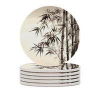 6PCS Tree Image Chinese Calligraphy Coasters Non-Slip Round Drink Coasters with Ceramic Stone and Cork Base, Heat Resistant Absorbent 33.00Stone Coaster Set for Kinds of Mugs and Cups, 4 Inch