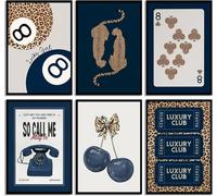 6Pcs Trendy Navy Wall Art Cheetah Poster Wall Decor Funky Lucky 8 Ball Prints Trendy Preppy Aesthetic Painting Blue Bow Girly Pictures Decoration for Girls Room Dorm Apartment 20X25cm Unframed