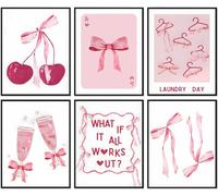 6Pcs Trendy Pink Bows Wall Art Coquette Posters for Room Decor Aesthetic Watercolor Light Pink Bow Canvas Prints Preppy Wall Decor Pictures for Girly College Apartment Decoration, Pink 8x10in poster