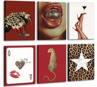 6pcs Trendy Red Fashion Leopard Wall Art Funky Lucky Wall Decor Ace Of Hearts Spades Poker Canvas Prints Vintage Room Aesthetic Pictures Posters Cheetah Painting for Girly Apartment Dorm Framed