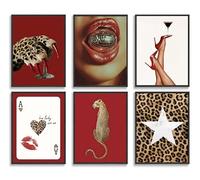 6pcs Trendy Red Fashion Leopard Wall Art Funky Lucky Wall Decor Ace Of Hearts Spades Poker Canvas Prints Vintage Room Aesthetic Pictures Posters Cheetah Painting for Girly Apartment Dorm Unframed