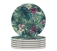 6PCS Tropical Leaves Coasters Non-Slip Round Drink Coasters with Ceramic Stone and Cork Base, Heat Resistant Absorbent 33.00Stone Coaster Set for Kinds of Mugs and Cups, 4 Inch