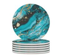 6PCS Turquoise Blue Gold Marble Coasters Non-Slip Round Drink Coasters with Ceramic Stone and Cork Base, Heat Resistant Absorbent 33.00Stone Coaster Set for Kinds of Mugs and Cups, 4 Inch