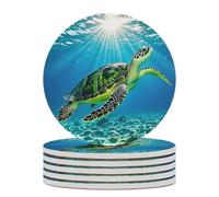 6PCS Turtle Swimming in The Sea Coasters Non-Slip Round Drink Coasters with Ceramic Stone and Cork Base, Heat Resistant Absorbent 33.00Stone Coaster Set for Kinds of Mugs and Cups, 4 Inch