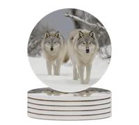 6PCS Two Wolves Walking in The Snow Coasters Non-Slip Round Drink Coasters with Ceramic Stone and Cork Base, Heat Resistant Absorbent 33.00Stone Coaster Set for Kinds of Mugs and Cups, 4 Inch