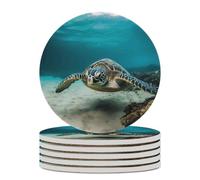 6PCS Underwater Diving Sea Turtle Coasters Non-Slip Round Drink Coasters with Ceramic Stone and Cork Base, Heat Resistant Absorbent 33.00Stone Coaster Set for Kinds of Mugs and Cups, 4 Inch