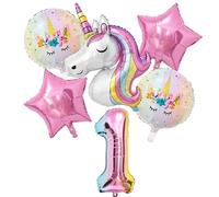6PCS Unicorn Balloons Set,1 Large 3D Unicorn Foil Balloons,2 Pink Star Balloons,2 Round Unicorn Balloon,1 Number Balloon for Unicorn Birthday Decorations,Wedding Baby Shower Party Supplie (Number 1)