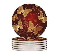 6PCS Valentine Hearts Golden Butterfly Coasters Non-Slip Round Drink Coasters with Ceramic Stone and Cork Base, Heat Resistant Absorbent 33.00Stone Coaster Set for Kinds of Mugs and Cups, 4 Inch