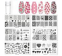 6PCS Valentine Nail Stamping Plates Kit with 1PCS Stamper & Scraper, Heart Nail Art Stamp Templates with Heart Lips Diamond Love Design for DIY Valentine's Day Nail Decoration