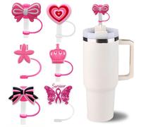 6PCS Valentines Day Straw Toppers for Stanley Cup New Pink Heart Bow Cover Cap 40oz/30oz Tumbler, 3D Silicone Straw Cover Caps for 10mm Straws, Festive Cup Accessories & Valentines Gifts