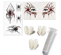 6Pcs Vampire Fangs Party Kit With Adhesive & Halloween Face Tattoo Stickers | Enough for 3-4 people.The temporary tattoos include 2 designs for customization,ideals for gothic,cosplay,and Halloween.