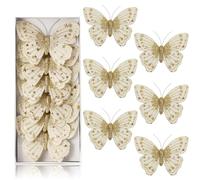 6Pcs Velvet Butterfly with Clip,Glitter Butterflies Christmas Ornaments for Xmas Tree Decoration Crafts Wreath Festive Holiday Wedding Home Decor, 12 x 8.5 cm (White)