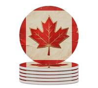 6PCS Vintage Canada Flag Coasters Non-Slip Round Drink Coasters with Ceramic Stone and Cork Base, Heat Resistant Absorbent 33.00Stone Coaster Set for Kinds of Mugs and Cups, 4 Inch